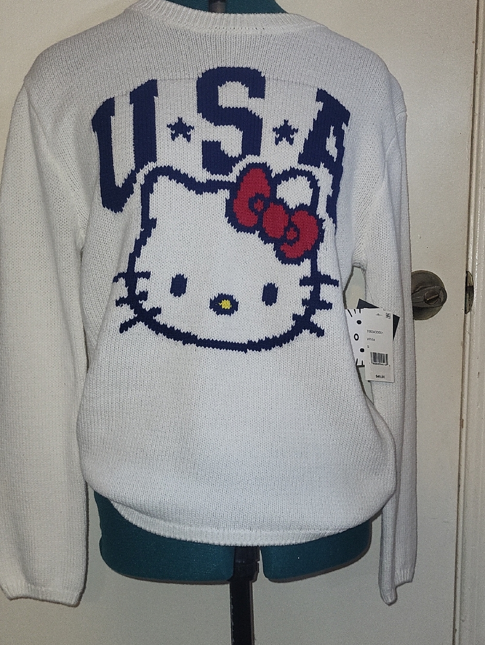 Hello Kitty White Knit Crewneck Sweater with Navy USA and Red Bow